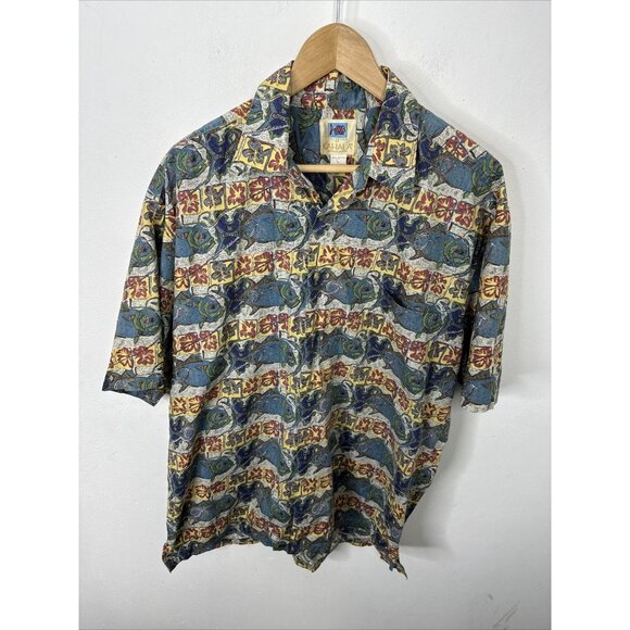 KAHALA AVI Collection Vintage 80s Hawaiian Shirt Fish Mahi  Print Men L - Picture 1 of 5